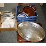 Caterers equipment to include stainless steel oval trays, enamel bowls, hygiene coat and wooden