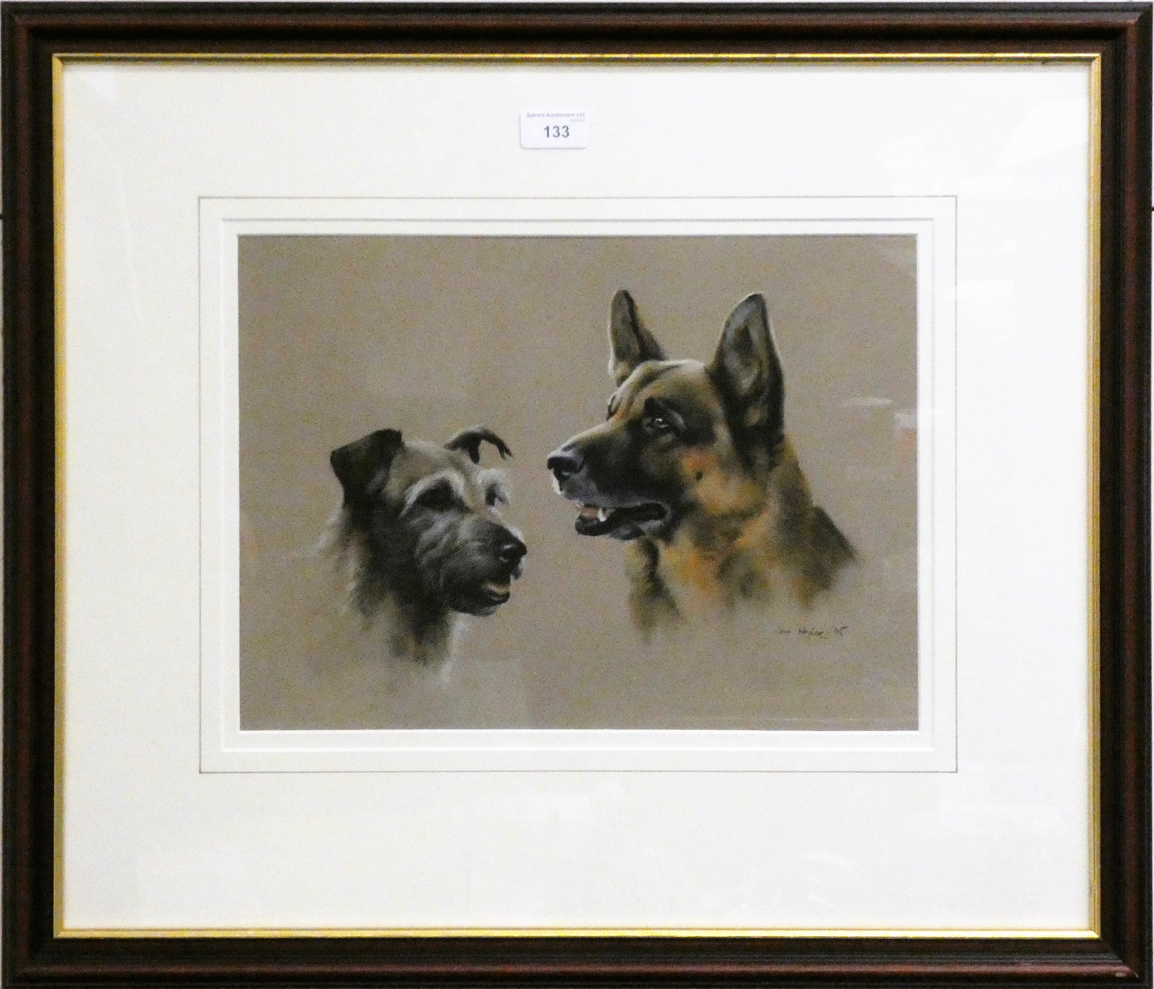 John Naylor pastel ' Two Dogs', signed and dated 95, mahogany frame, 64 x 56 cm. - Image 2 of 2
