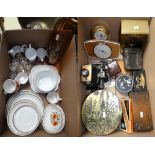 A Polaroid land camera, mantle clocks, vintage tins, part dinner service by Meakin, part