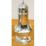 A silver octagonal baluster sugar caster, Birmingham 1912, height 18 cm, weight 5 oz.