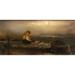 Oil on board Girl In A Boat, moonlight, gilt framed, unsigned 48 x 27 cm.