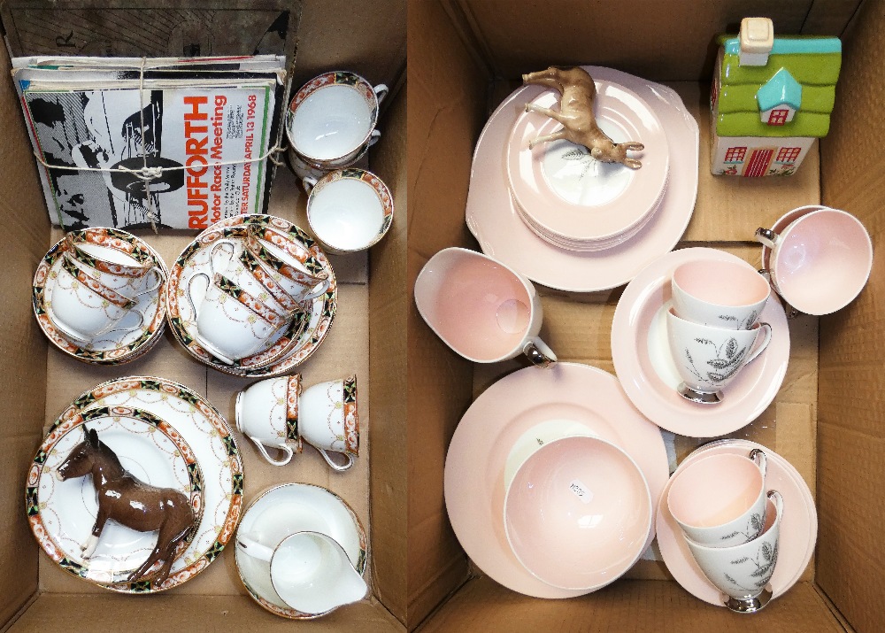 Part dinnerware "Harvest Pink" by Queen Anne, together with two Beswick donkeys and a Wanderer stamp