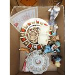 Royal Crown Derby plate, together with a pair of Royal Crown Derby dishes, Royal Doulton figures,