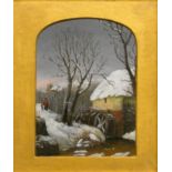 Gilt framed oil on board, Water Mill In Winter, unsigned 33 x 29 cm.