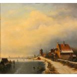 Oil on board Winter Scene, Mill and Skaters, signed lower left Zonderen, 64 x 75 cm gilt framed.