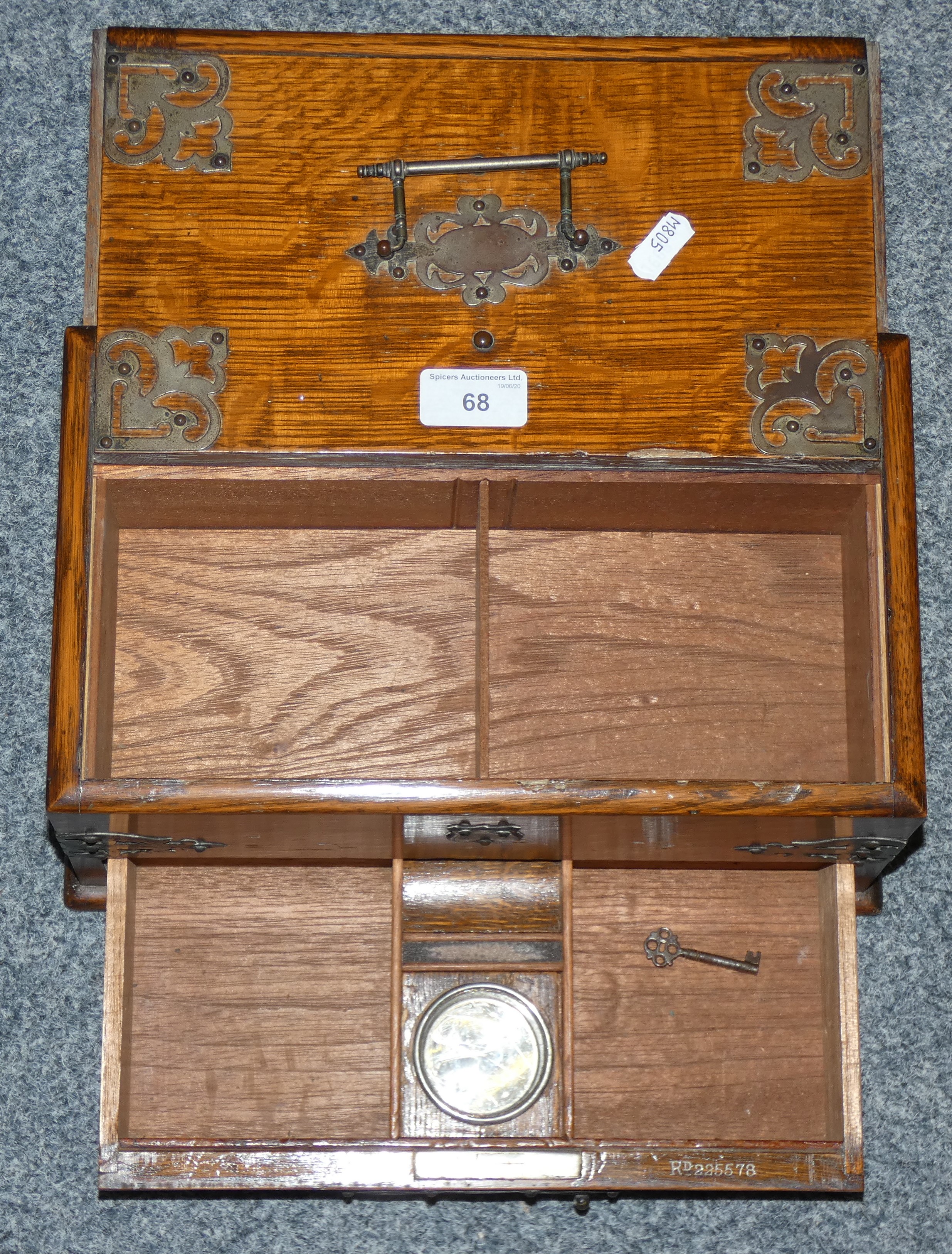 A Victorian oak & brass cigar and cigarettes desktop humidor box, RD number 225578, 31 cm long x - Image 2 of 2