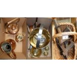 Brass and copper ware including copper kettle, brass jam pan, beaten copper 1 gallon jug, oil