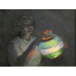 Framed oil on board, woman with lantern 43 x 48 cm.