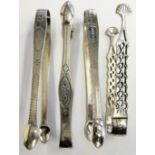 Three George III silver bright cut sugar tongs, London 1809, two without date letters and a silver