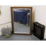 A modern framed bevel edged wall mirror 102 x 71 cm together with, a wall mounted display cabinet