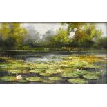 Oil on board Water-lilies, unsigned 39 x 26 cm, painted wood frame.