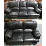 Black leather reclining 3 seater sofa 215 cm long, together with a matching 2 seater sofa 162 cm