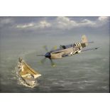 Oil on canvas depicting fighter plane over aircraft carrier, signed lower left Alex A Gill, 74 cm