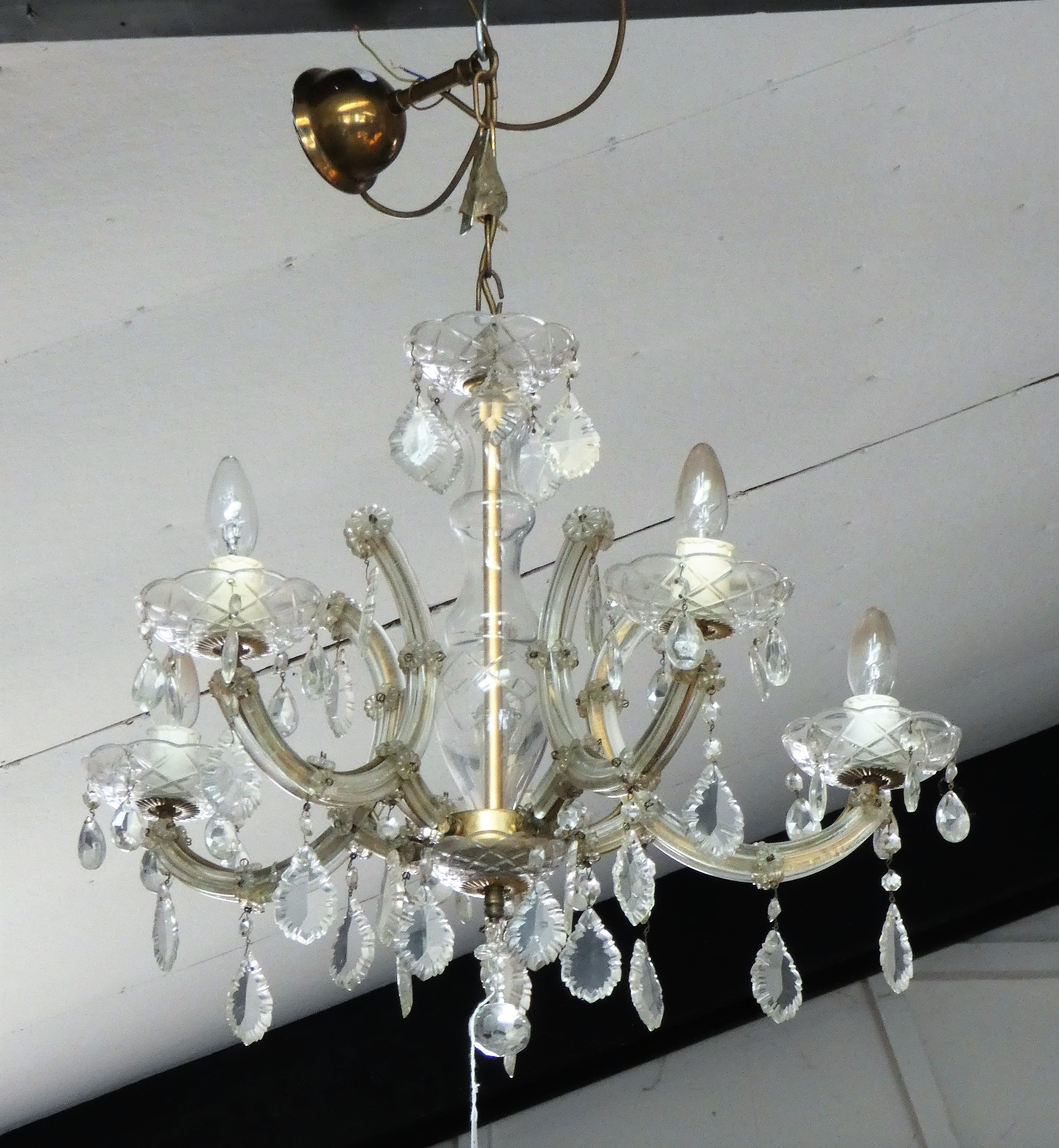 A five light glass chandelier, with cut glass bowls and drops, diameter 60 cm.