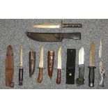 An Divers styled knife together with, two carved wooden handled knives in leather sheaths, a