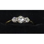 A gold and diamond three stone ring, A gold and diamond three stone ring, claw set with old cut