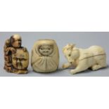 Two Japanese Ivory Netsuke, the first carved as a rabbit, length 4.5 cm, the second as a baby in a