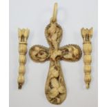 A Victorian carved ivory cross, decorated with roses, length 9 cm, together with a pair of carved