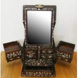 A late 19th century Chinese brass mounted hardwood and mother of pearl inlaid table top jewellery