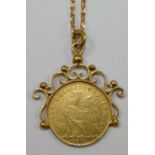 An 1899 French 10 Franc gold coin mounted pendant, chain, gross weight 8 gms.
