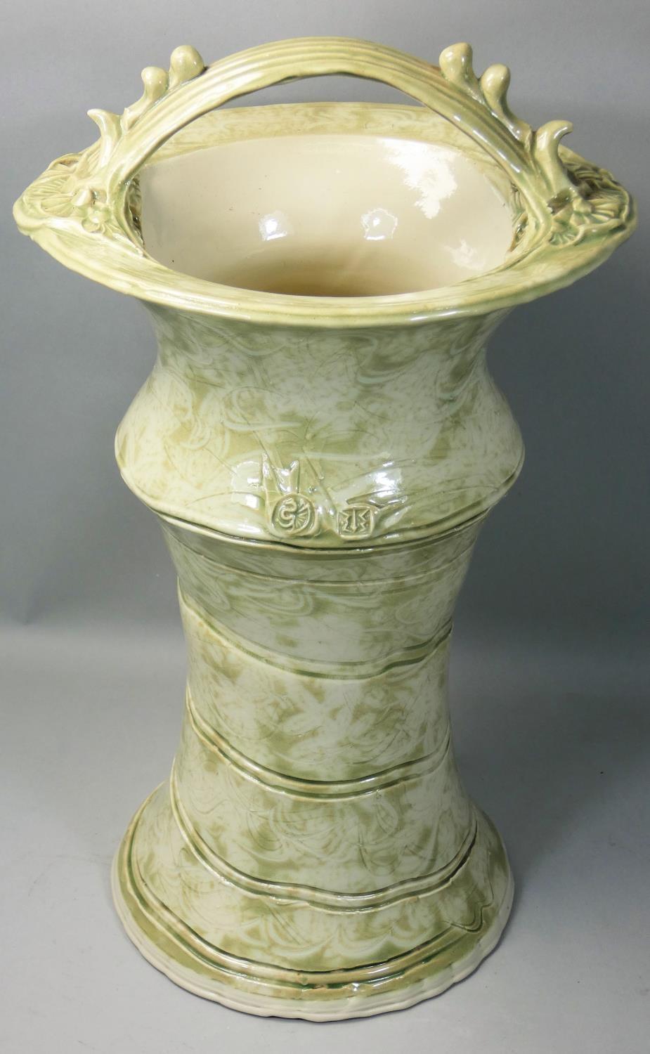 John Gibson, a large single handled vase, incised wavy decoration on a cream ground, impressed - Image 2 of 2