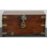 A Victorian mahogany box, with brass and iron straps, wrought iron handles, 67 x 38 x 34 cm.