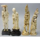 A group of four Japanese Ivory Okimono's, to include a fisherman raised on a stand, unsigned, height