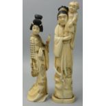 Two Japanese Ivory Okimono, the first as a lady with a fan, black hair, unsigned, height 20 cm,