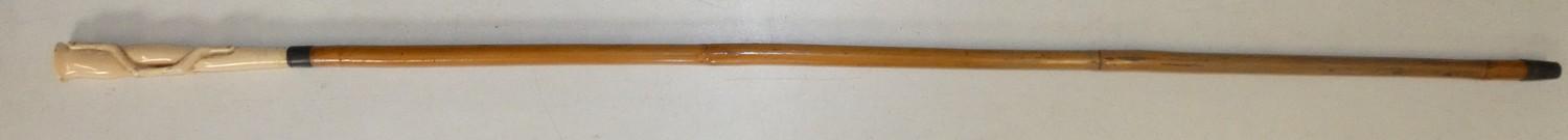 An early 20th century ivory topped bamboo cane, the handle carved and initialled M.P.R., length 88 - Image 3 of 4