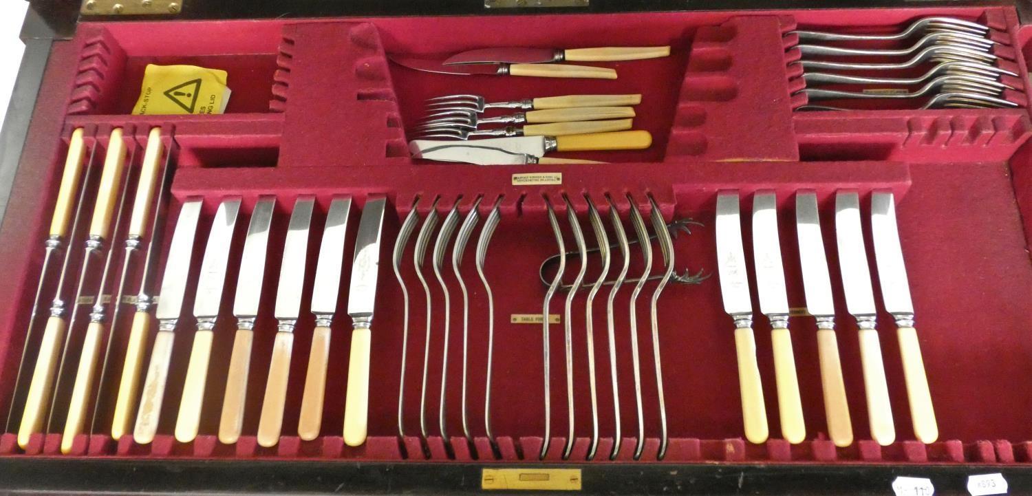 A part canteen of Old English pattern cutlery, contained with a mahogany side table with hinged - Image 2 of 2