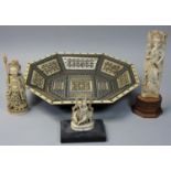 An Anglo Indian sandalwood and ivory dish, 23 x 20 cm, an ivory figure of Ganesh, mounted on a