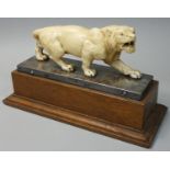 A Japanese Meiji period Ivory Okimono, carved in the form of a lioness, mounted on a silver stand,