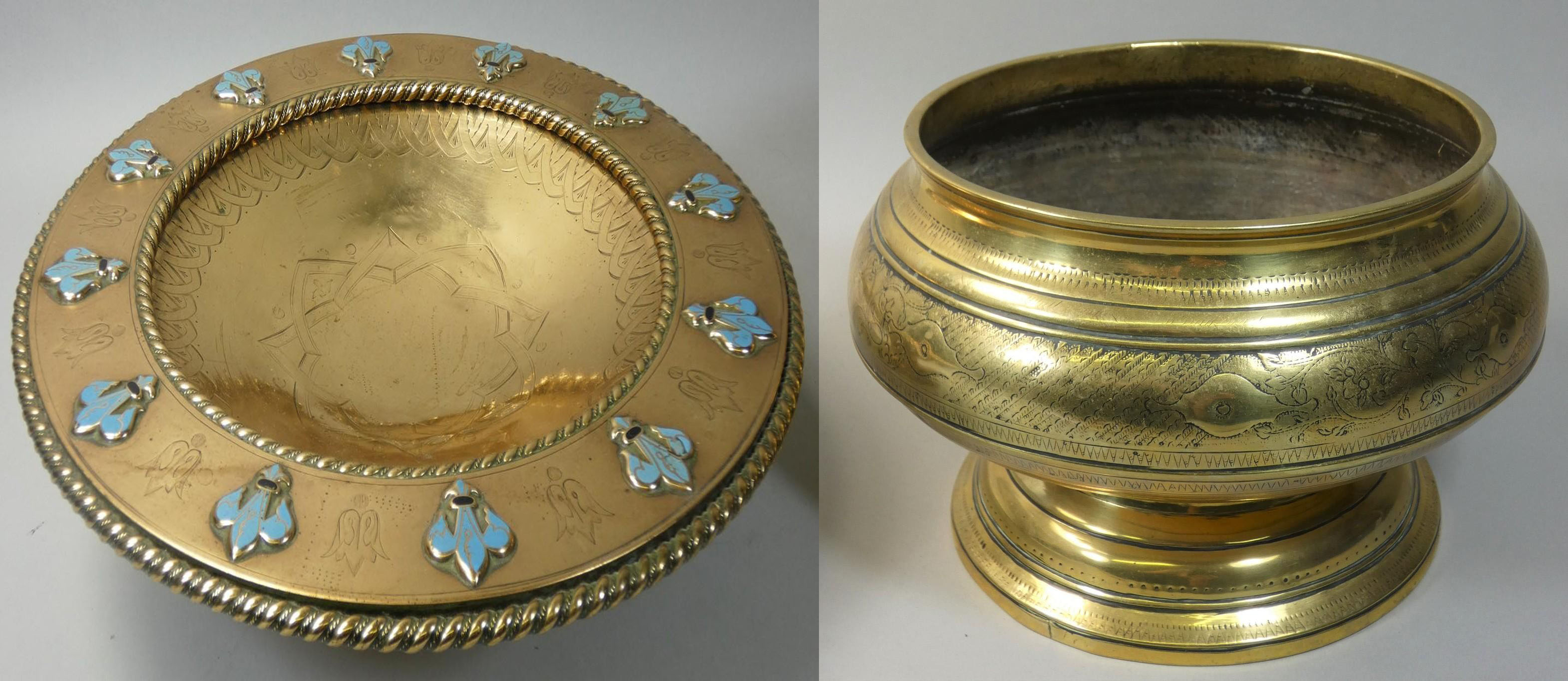 An Arts & Crafts brass and enamel pedestal bowl, with rope twist border, applied pale blue enamel