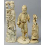 A Japanese Ivory Okimono, carved to depict a lady with a basket of flowers, unsigned, height 23.5