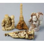 Four Japanese Ivory Netsuke, one carved as a man carrying a bunch of leaves, signed, height 5 cm,