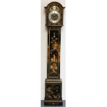 A Chinoiserie black painted small longcase clock, the 8" gilt dial with silvered chapter ring,