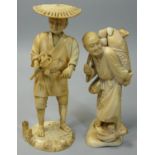 Two Japanese Ivory sectional Okimono, one in the form of a farmer with rack, signed height 16 cm,