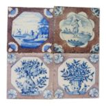 Four 18th century English Delft tiles, probably Lambeth, one with octagonal blue and white river