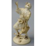 A Japanese Ivory Meiji Period Okimono, in the form of a farmer with a basket of fruit being attacked