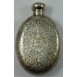 A Victorian silver hip flask, by M & L, Birmingham, 1896, of oval form with scroll engraved