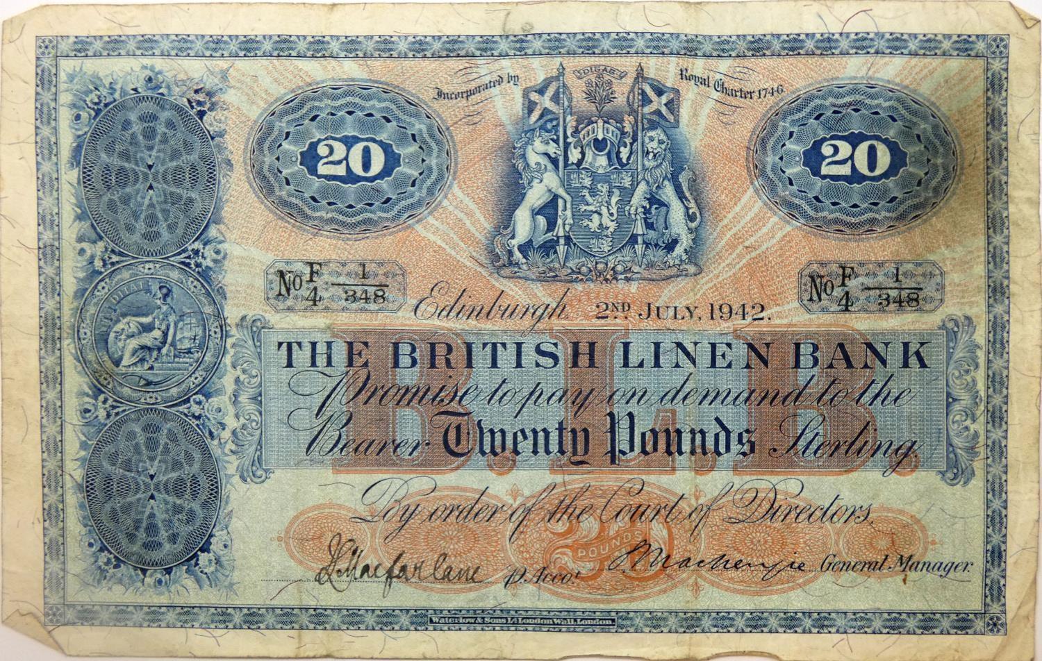 The British Linen Bank, £20 note, Edinburgh, 2nd July 1942, No. F4 1/348, signature of accountant