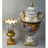 A large potpourri vase painted with various flowers, the twin-handles formed as bovine heads, marked