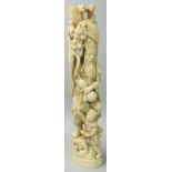 A Japanese ivory Okimono, in the form of an elder holding a gourd with a stork issuing from it,