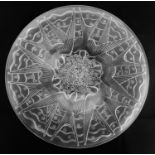 A Pierre D`Avesn clear and frosted glass charger, modelled in relief with six swallows amongst
