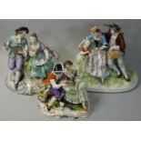 Three continental style German made figure groups of lovers, one bearing crown over 'N' marking,