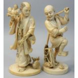 A Japanese Meiji Period Ivory Okimono, carved to depict a man holding another up, cockerel at his