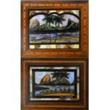 An Edwardian pair of Butterfly wing pictures, entitled Rio De Janeiro, with sea and mountain scenes,