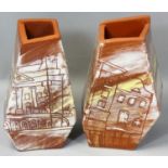 Meghan Downs (British contemporary), a pair of irregular slab built ceramic vessels, incised