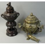 A Chinese bronze censer, with bird decoration, 30 cm and a Chinese brass censer with dragon