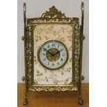 An Aesthetic Movement timepiece, in the form an easel with a pink and gilt porcelain panel, 33 cm.
